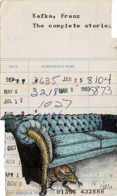 Heidi Pitre watercolor illustration of Kafka's metamorphosis of a teal sofa with a bug on vintage library card. gifts for librarians and book lovers.