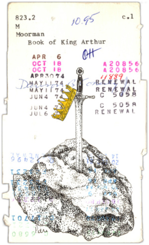 Heidi Pitre drawing in pen and ink of a crown and a sword and a stone for Moorman's book of King Arthur on vintage library card. gifts for book lovers and librarians.