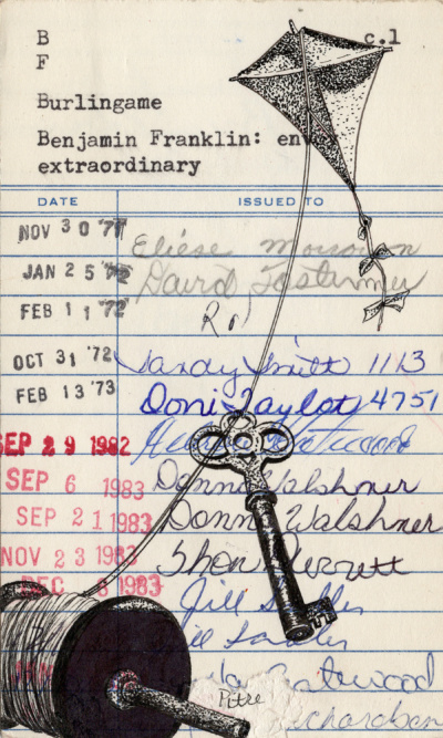 Heidi Pitre pen and ink drawing on vintage library card in pen and ink on ben franklin's fly a kite with a key. gifts for librarians and book lovers