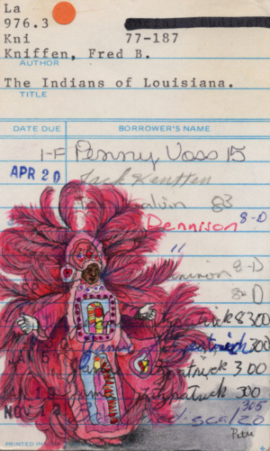 Heidi Pitre illustrates New Orleans Mardi Gras Indians in pen and ink and watercolor on vintage library card gifts for librarians, New Orleans and book lovers