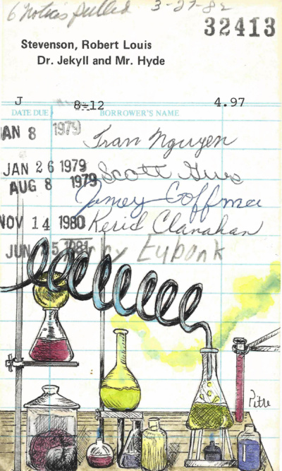 Heidi Pitre's illustration of a lab in watercolor on dr jackyl and mr Hyde's library card. gift for book lovers and librarians