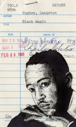 Heidi Pitre's pen and ink illustration of Langston hughes on vintage library card, gifts for book lovers and librarians