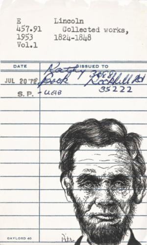 Heidi Pitre illustration of Abraham Lincoln in pen and ink on vintage library card, gift for book lovers and librarians