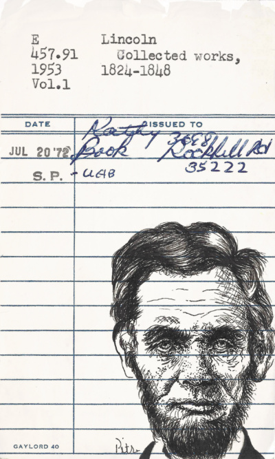 Heidi Pitre illustration of Abraham Lincoln in pen and ink on vintage library card, gift for book lovers and librarians