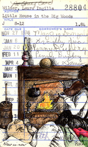 Heidi Pitre illustrates Laura ingalls wilder little house in the big woods on vintage library card. gifts for librarians and book lovers