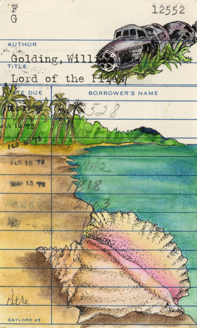 Heidi Pitre lord of the flies watercolor art of a plane and conch on vintage library card. gifts for librarians and book lovers