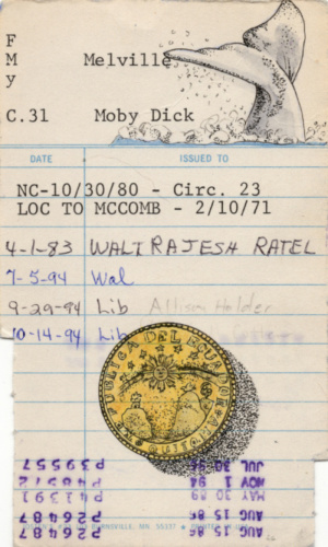 Heidi Pitre illustrates gold coin and whale tale in Moby dick on vintage library card. gift for librarians and book lovers