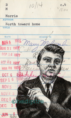 Heidi Pitre willie morris pen and ink drawing on vintage library card. gifts for book lovers and librarians