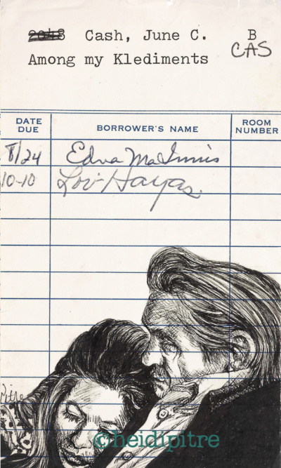 Heidi Pitre pen and ink illustration of Johnny cash and June Carter cash on vintage library card