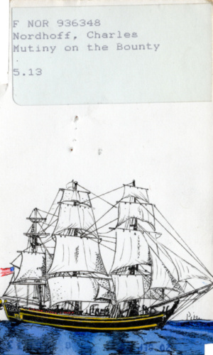 Heidi Pitre illustrates a ship for nordhoff's mutiny on the bounty on vintage library borrower card for librarians and book lovers.