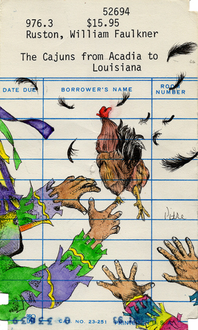 Heidi Pitre illustration of cajun mardi gras with chicken on a vintage library card.