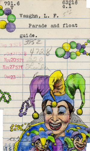 Heidi Pitre illustrates New Orleans mardi gras float jester float and beads on vintage library card for librarians and book lovers
