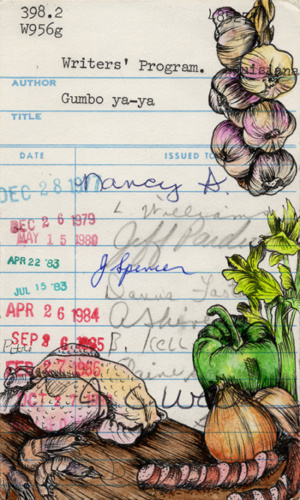 Heidi Pitre illustrates gumbo in pen and ink and watercolor on vintage library card gifts for librarians, New Orleans and book lovers