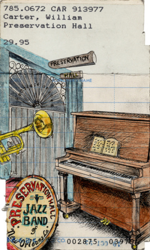 Heidi Pitre illustrates a piano and horn of preservation hall in New Orleans in pen and ink and watercolor on vintage library card gifts for librarians, New Orleans and book lovers