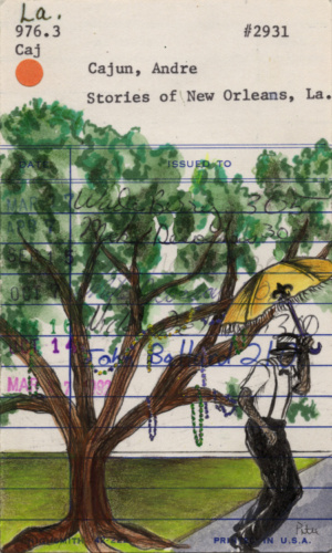 Heidi Pitre illustrates Mardi Gras beads in tree in pen and ink and watercolor on vintage library card gifts for librarians, New Orleans and book lovers