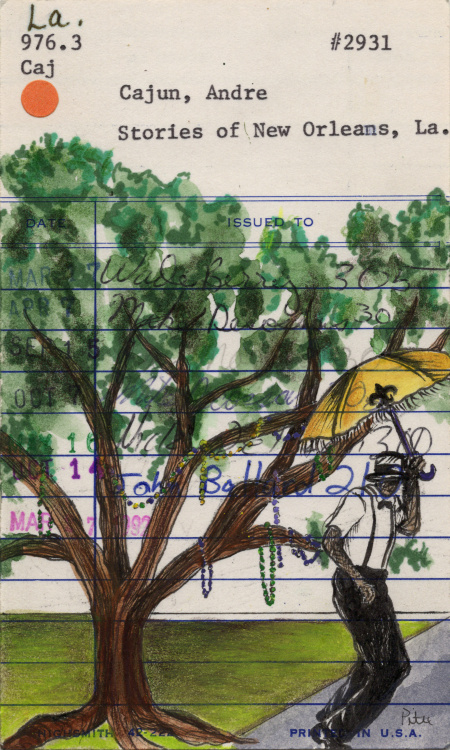 Heidi Pitre illustrates Mardi Gras beads in tree in pen and ink and watercolor on vintage library card gifts for librarians, New Orleans and book lovers