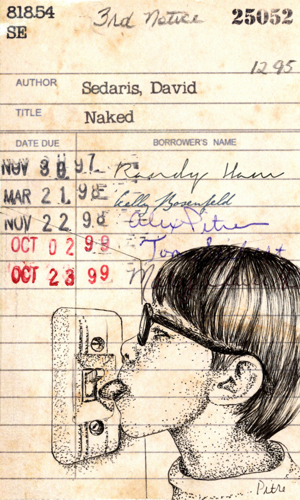 Heidi Pitre illustrates David seders from naked on vintage library card. gifts for book lovers and librarians