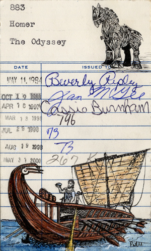 Heidi Pitre drawing of ulysses and trojan horse on vintage library card by homer. gifts for librarians and book lovers.