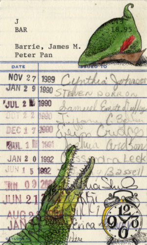 Heidi Pitre watercolor of an alligator, clock and cap of James barrie's Peter Pan on vintage library card. gifts for book lovers and librarians