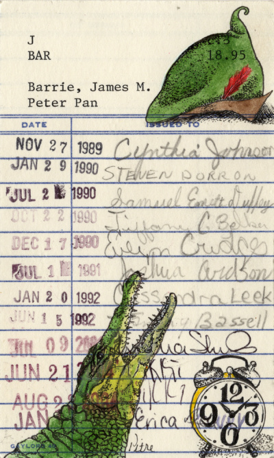 Heidi Pitre watercolor of an alligator, clock and cap of James barrie's Peter Pan on vintage library card. gifts for book lovers and librarians