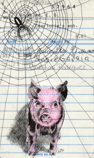 Heidi Pitre illustrates Wilbur the pig from e b white's charlottes's web on vintage library card.