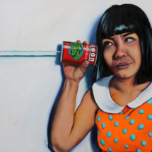 Heidi Pitre oil painting on panel of a girl using a can phone with string on a white background