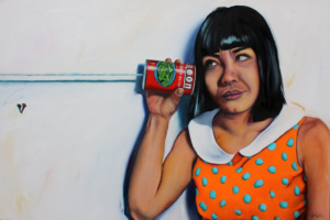 Heidi Pitre oil painting on panel of a girl using a can phone with string on a white background