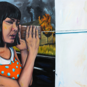 Heidi Pitre oil painting on panel of a girl calling her friend with a phone can and string to report a house on fire