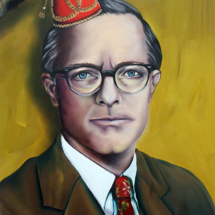 heidi pitre oil painting on panel of a business man wearing a fez with a monkey hand trying to steal it. man is wearing a floral tie and brown sports coat in front of a green wall