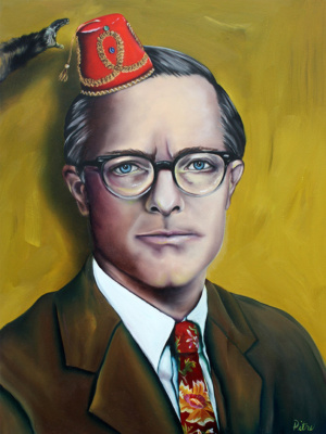 heidi pitre oil painting on panel of a business man wearing a fez with a monkey hand trying to steal it. man is wearing a floral tie and brown sports coat in front of a green wall