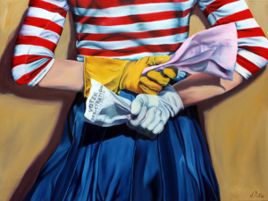 Heidi Pitre painting of a woman holding a grocery list and a voter registration paper wearing a red and white striped top with a blue skirt for suffragettes