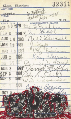 Heidi Pitre watercolor and ink illustration of Stephen king's carrie of a tiara on vintage library card ephemera. gifts for book lovers and librarians