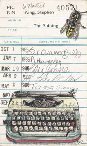 watercolor and ink art by Heidi Pitre of a wasp and a typewriter of Stephen king's the shining on vintage library cards. gifts for book lovers and librarians