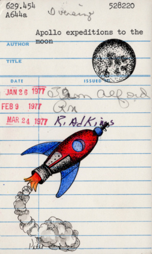 Heidi Pitre watercolor of the moon and a rocket for Apollo expeditions to the moon on vintage library cards. gifts for librarians and book lovers