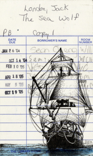 Heidi Pitre illustrations of a pen and ink and watercolor ship for jack London's the sea wolf on vintage library card ephemera. gifts for book lovers and librarians