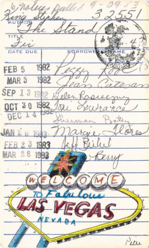 Heidi Pitre watercolor and ink of Las Vegas sign on vintage library card of Stephen king's the stand. gifts for book lovers and librarians