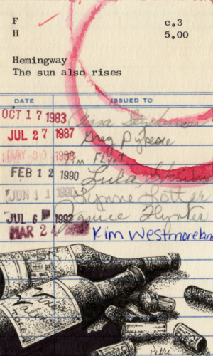 pen and ink Heidi Pitre art of wine bottles for hemmingway's the sun also rises. gifts for librarians and book lovers.