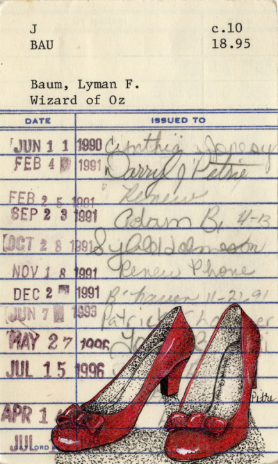 Heidi Pitre watercolor art of Dorothy's ruby slippers of Baum's wizard of Oz on vintage library card ephemera. gifts for book lovers and librarians