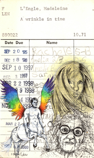 Heidi Pitre watercolor drawing of l'eagle's a wrinkle in time on vintage library card. gifts for librarians and book lovers.