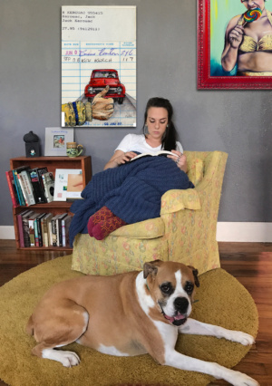 Heidi Pitre watercolor art of a red truck on jack keroac's on the road on vintage library card. gifts for librarians and book lovers.