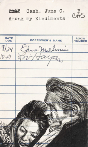 Heidi Pitre pen and ink illustration of Johnny cash and June Carter cash on vintage library card