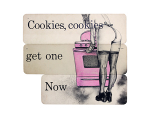 Heidi Pitre charcoal drawing of pin up girl wearing apron at stove. cookies get one now