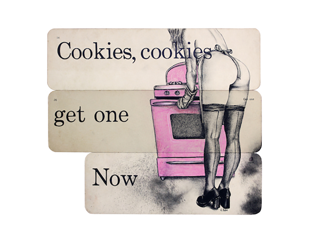 Heidi Pitre charcoal drawing of pin up girl wearing apron at stove. cookies get one now