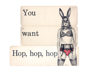 Heidi Pitre charcoal drawing of pin up girl wearing bunny mask asking if you want hop hop hop on vintage ephemera school flash cards. dick and Jane cards