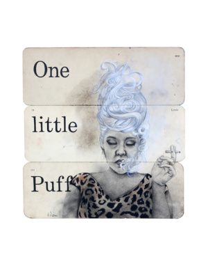 Heidi Pitre drawing of a girl smoking with a beehive hairdo on vintage school flash cards. one little puff