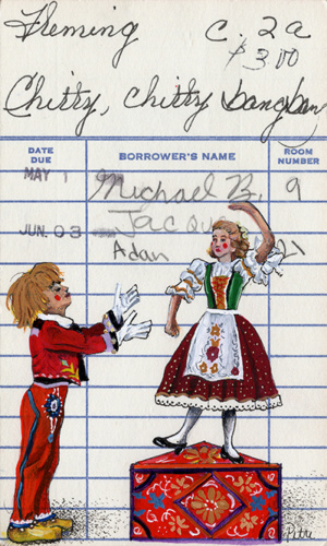 Heidi Pitre gouche painting of chitty chitty bang bang of dick van dyke by Ian Fleming on vintage library card. gifts for librarians and book lovers.