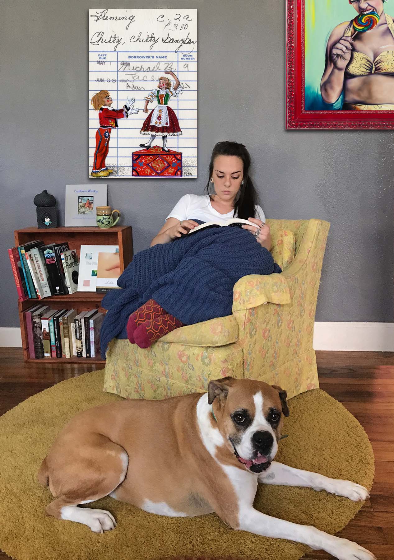 Heidi Pitre gouche painting of chitty chitty bang bang of dick van dyke by Ian Fleming on vintage library card. gifts for librarians and book lovers.