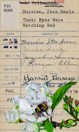 Heidi Pitre gouache painting of a pear blossom and bee on Zora Neale Hurston's their eyes were watching god vintage library card gifts for book lovers and librarians