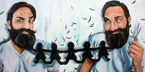 Heidi Pitre oil painting on canvas of two identical bearded gentlemen attached by their beards, with paper dolls cut out in them on a white background