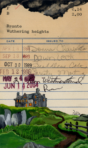 Heidi Pitre art of a wuthering heights vintage library card by Bronte. gifts for librarians and book lovers.